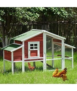 Wooden Chicken Coop Hen House , Rabbit Hutch with Ventilation Door, Bunny Cage with Ramp and Tray (77.9? / Red+White)