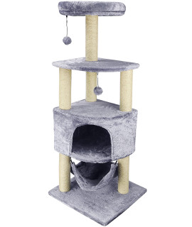 HUITREE Cat Tree with Scratching Post and Hanging Bed,Grey