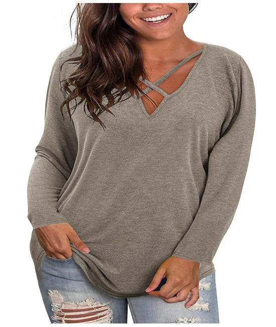 Plus Size Tops For Women Long Sleeve Sexy V Neck Criss Cross T-Shirts Casual Loose Cotton Tees Tunic Shirts Khaki