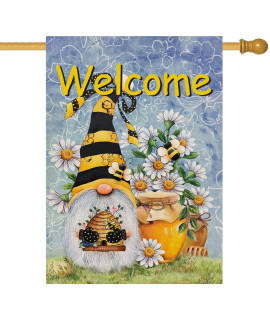 Furiaz Welcome Spring Honey Bee Gnome House Flag, Summer Yard Home Decorative Outdoor Decoration, Daisy Flower Burlap Lawn Outside Large Decor Double Sided 28X40