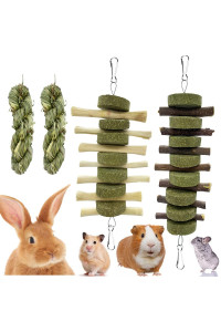 Rabbit guinea Pig Bunny chew Toys for Teeth grinding ROZJOVU cage Hanging Toy Organic Rabbit Treats for Bunny chinchillas Hamsters( Bamboo+Apple Sticks+Alfalfa cakes+Timothy Hay) (2 PcS)