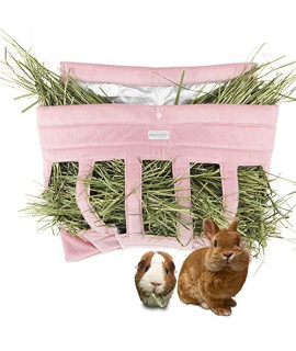 Mochidoki Rabbit Hay Feeder Bag, Guinea Pig Hay Feeder Storage, Small Animal Hay Feeder, Hanging Hay Feeder for Rabbit, Guinea Pig or Chinchilla, Less Wasted (Pink)