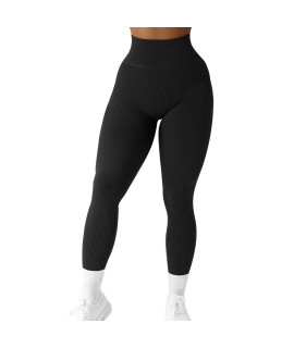 Ruuhee Women Ribbed Seamless Leggings High Waisted Workout Yoga Pants Tights(Small,Black-1)