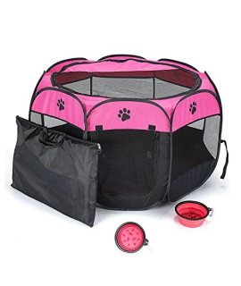 Soft Foldable Pet Tent 8-Panel Mesh House Pet Playpen Kennel Denier Oxford Cloth for Dog Cat Rabbit with Storage Bag(28.7"* 28.7"*16.9", Rose)