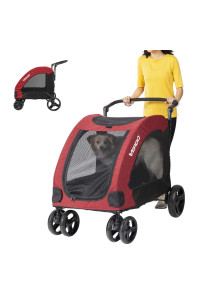 Vergo Dog Stroller Pet Jogger Wagon Foldable cart with 4 Wheels, Adjustable Handle, Zipper Entry, Mesh Skylight Pet Stroller for Small to Large Dogs and Other Pet Travel (Red)