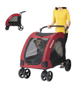 Vergo Dog Stroller Pet Jogger Wagon Foldable cart with 4 Wheels, Adjustable Handle, Zipper Entry, Mesh Skylight Pet Stroller for Small to Large Dogs and Other Pet Travel (Red)