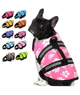 Sunfura Ripstop Dog Life Jacket, Safety Pet Flotation Life Vest With Reflective Stripes And Rescue Handle, Adjustable Puppy Lifesaver Swimsuit Preserver For Small Medium Large Dogs (Pinkflower, M)