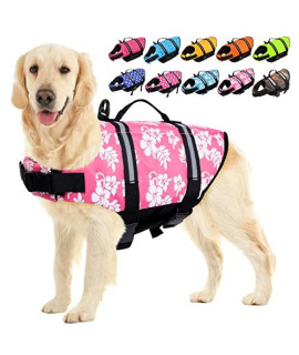 Sunfura Ripstop Dog Life Jacket, Safety Pet Flotation Life Vest With Reflective Stripes And Rescue Handle, Adjustable Puppy Lifesaver Swimsuit Preserver For Small Medium Large Dogs (Pinkflower, L)