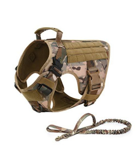 RubRab Tactical Dog Harness Vest with Handle Military Working Training Molle Vest with Metal Buckles & Loop Panels Free Bungee Dog Leash (XL, Camouflage Harness with Leash)