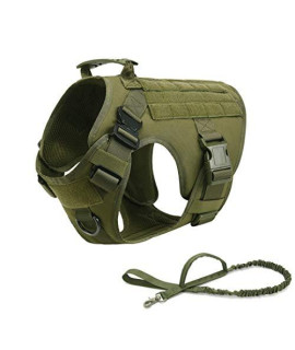 RubRab Tactical Dog Harness Vest with Handle Military Service Dog Harness Vest with Metal Buckles & Loop Panels Free Bungee Dog Leash (Green Set XL)