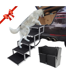 YEPHHO Dog Ramp for Large Dogs SUV, Sturdy and Lightweight Dog Stair Aluminum Foldable Dog Ramp Ladder with Nonslip Surface, Dog ramp for Cars, Pet stair 5 Steps for Dogs to Get on Bed, Truck, and SUV