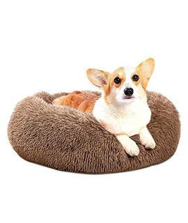 Calming Dog Bed & Cat Bed, Anti-Anxiety Donut Dog Cuddler Bed, Warming Cozy Soft Dog Round Bed, Fluffy Faux Fur Plush Dog Cat Cushion Bed for Small Medium Dogs and Cats (Medium 24''x24'', Brown)