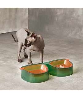 Sunglasses Elevated Cat Bowl?Tilted Cat Food Bowls?Non-Slip Cat Food Dish Stand for Kitty and Puppy?Stylish Retro Design Connecting People and Pets?2 Cat Food Dish?Green
