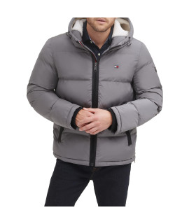 Tommy Hilfiger Mens Hooded Puffer Jacket, Smoke Poly Tech, X-Large