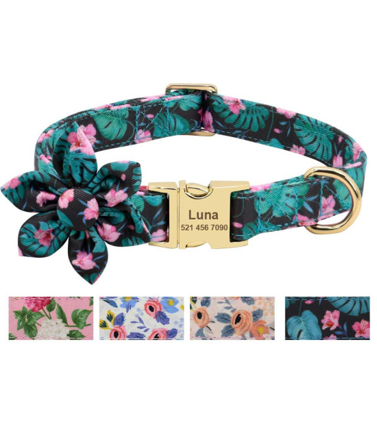 Beirui Custom Flower Girl Dog Collar For Female Dogs- Floral Pattern Engraved Pet Collars With Personalized Gold Buckle(Green Pattern, Xs)