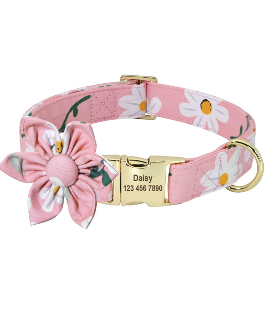Beirui Custom Flower Girl Dog Collar For Female Dogs- Floral Pattern Engraved Pet Collars With Personalized Gold Buckle(Daisy, Xs)