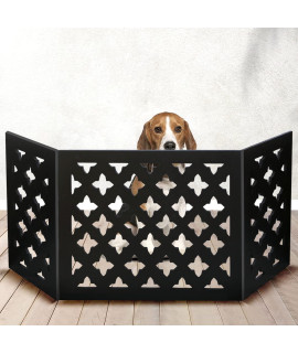 Bundaloo Freestanding Dog Gate Expandable Decorative Wooden Fence for Small to Medium Pet Dogs, Barrier for Stairs, Doorways, & Hallways (Starlight)