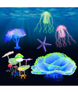 Beisela 6 Pack Glowing Aquarium Decorations Simulation Glow Plant for Fish Tank Decorations, with Glow Mushroom, Jellyfish, Coral, Starfish