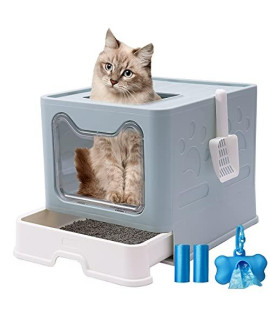 GEKUPEM Foldable Cat Litter Box Litter Box with lid ,with Cat Litter Scoop and and Garbage Bag, Drawer Design Cat Litter Pan (Blue)