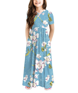 Storeofbaby Kids Floral Maxi Dress Casual Summer Short Sleeve Boho Dresses, 12-13 Years
