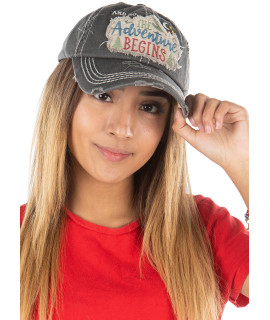 Funky Junque Womens Baseball Cap Distressed Vintage Unconstructed Embroidered Patch Hat (And So The Adventure Begins - Black)