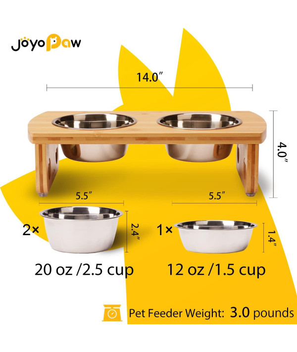 Elevated Dog Bowls for Small Size Dogs and Cats-Adjustable Bamboo Raised Dog  Bowl-Stainless Steel