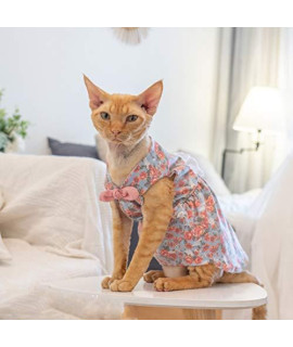 OCHSTIN Hairless Cat Clothes, Summer Cotton Printed Bow-Knot Vest Skirt, Suitable for Sphynx, Cornwall Rex, Devon Rex, Peterbald and Various Sizes of Hairless Cat Clothes (XXXL+, Blue)