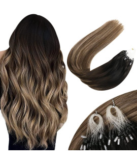 Sunny Micro Ring Hair Extensions Real Human Hair, 24Inch Black Ombre Micro Link Hair Extensions Silky, Balayage Micro Ring Human Hair Extensions Black Ombre Dark Brown Mix Ash Brown 50G