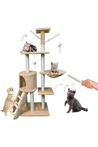 HANAYI 54.3 inches Multi-Level Cat Tree Cat Climbing Tower Cat Condo Cat Activity Trees with Sisal Ladder Cat Scratch Posts Plush Perch Hammock and Cat Toys Pet Furniture Pet House for Kittens (Beige)