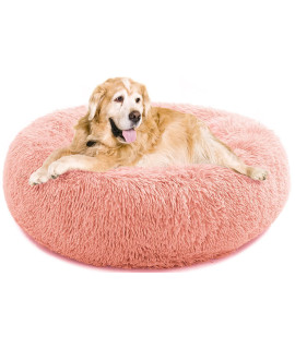 Calming Dog Bed for Large Dogs, Anti Anxiety Dog Bed, Round Dog Bed, Plush Faux Fur Dog Bed, Fluffy Dog Bed, Soft Cozy Pet Bed, Machine Washable, 30x30inch Pink