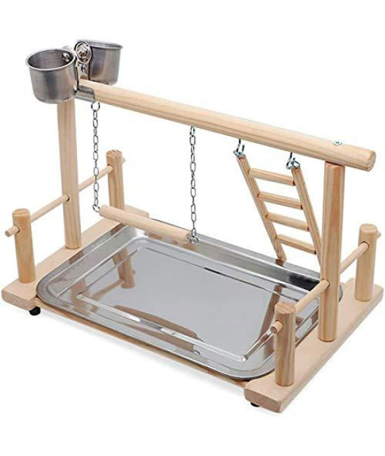 RANRAN Bird Solid Wood Swing Playstand with Double Side Feeder Cups and Stainless Steel Tray,Parrot Desktop Wooden Climbing Ladder Training Rack