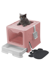 UIMNJHUKE Foldable cat Litter Box with Lid, Extra Large covered cat Litter Box with Litter Mat and Scoop, Easy to clean Litter Pan, Enclosed Kitty Litter Box(Pink)