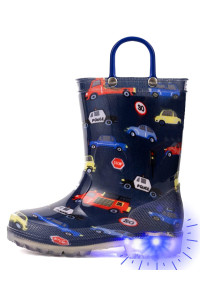Outee Toddler Boys Rain Boots Little Kids Baby Light Up Printed Waterproof Mud Shoes Blue Police Firefighters Lightweight Rubber Adorable With Easy-On Handles Non Slip (Size 11,Blue)