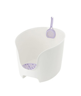 Richell PAW TRAX High Wall Cat Litter Box in White/Lavender, High Sides Cat Litter Box with Scoop
