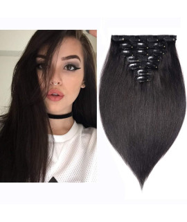 16 Clip In Human Hair Extensions Full Head 130G 7 Pieces 16 Clips 1B Natural Black Double Weft Brazilian Real Remy Hair Extensions Thick Silky Straight (16, Natural Black)