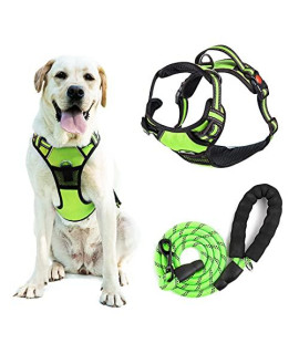 Dog Harness and Leash Set No Pull, Adjustable Padded Pet Reflective Vest Harnesses with Easy Control Soft Handle, Suitable Outdoor Training Walking for Small Medium Large Dogs ( Green, XL )