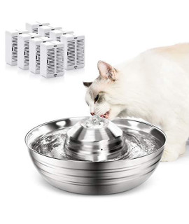 OPOLEMIN Stainless Steel Cat Water Fountain with 8 Replacement Filters, 67oz/2L Cat Water Dispenser Easy Assemble& Clean, Pet Water Fountain for Small Cats Dogs Inside ( with Power Adapter)