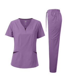 Dagacci Medical Uniform Womens Scrubs Set 4-Way Stretch Split contrast Net and Pocket (X-Large, Lavender)