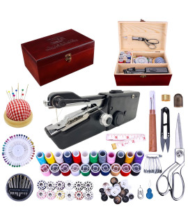 Hand held Sewing Device, Handheld Sewing Machine Heavy duty, Hand Sewing Machine Portable, Wooden Sewing Box with 153 Pcs Sewing Kit