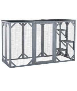 PawHut Wooden Outdoor Cat House Catio Kitten Enclosure Indoor Cage with Asphalt Roof, Multi-Level Platforms and Large Enter Door - 71" L, Grey