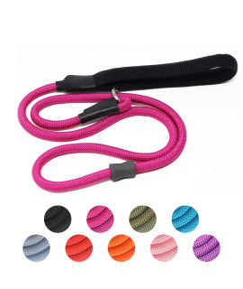 Strong Slip Rope Dog Training Leash (4ft) - Heavy Duty Durable Braided Nylon Lead with Rubber Stopper & Padded Handle - No Pull Walking Climbing for Medium Large Dogs (Hot Pink, 1/2 x 4ft)