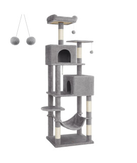 FEANDREA Cat Tree, 75.2-Inch Tall Cat Tower with Scratching Posts, Hammock, Cat Caves, Padded Perch, Cat Activity Center, Light Gray UPCT191W01