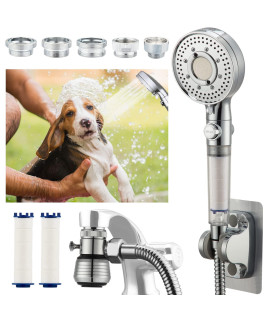 Filter Dog-Shower-Head Faucet Sprayer-Attachment Bathtub-Sink - ON/OFF Handheld w/ Self-reset Diverter(5-Adapter), Pet Rinsing&Hair Washing &Baby Bath, Stainless Steel Extension Hose Adjustable Holder