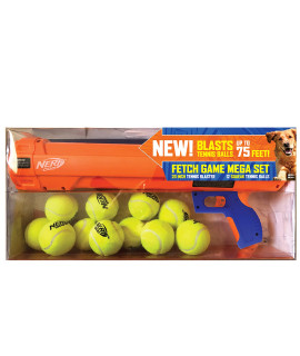 Nerf Dog Fetch Game Mega Set Dog Toy, Includes 20 Inch Tennis Ball Blaster and 12 Squeak Tennis Balls