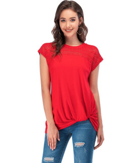 Mshing Womens Lace Crew Neck T Shirt Short Sleeve Blouse Red