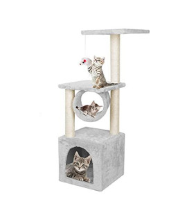 Hophom 36" Cat Trees and Towers with Sisal-Covered Cratching Post & Particle Board Platform, Cat Activity Trees with Hanging Mouse Toy & Play Tunnel, Cat Condo Apartment Furniture for Kittens (Grey)