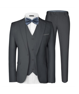 Mage Male Mens 3 Pieces Suit Elegant Solid One Button Slim Fit Single Breasted Party Blazer Vest Pants Set Charcoal Grey