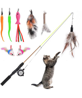 Whefory Retractable Cat Teaser Wand Toy, Cat Toys for Indoor Outdoor Cats Interactive Fishing Rod with 8 Pcs Refills Feather Toy, Plush Mouse Caterpillar & Fish