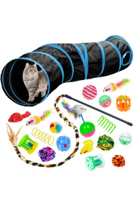Malier Cat Toys Kitten Toys Set, Collapsible Cat Tunnels For Indoor Cats, Interactive Cat Feather Toy Fluffy Mouse Crinkle Balls Toys For Cat Puppy Kitty Kitten Rabbit (Black)
