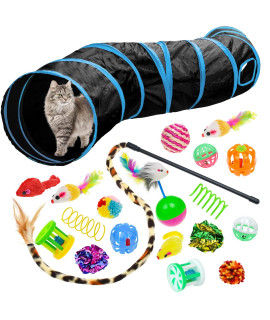 Malier Cat Toys Kitten Toys Set, Collapsible Cat Tunnels For Indoor Cats, Interactive Cat Feather Toy Fluffy Mouse Crinkle Balls Toys For Cat Puppy Kitty Kitten Rabbit (Black)